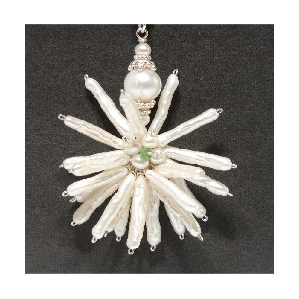 White Pearl Necklace Pendant, Stick Pearls, Emerald and Sterling Silver