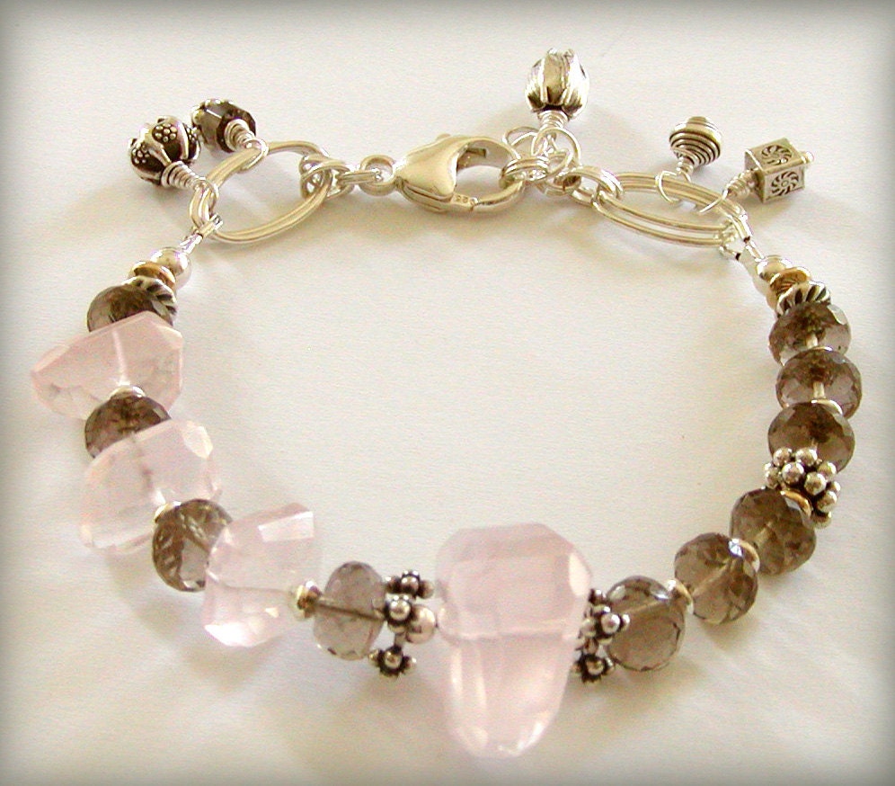 Smokey Quartz Bracelet with Rose Quartz , Sterling Silver, 14kt Gold Fill