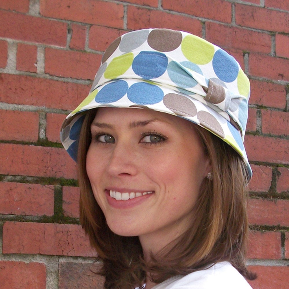 Womens Hat Cloche Hat - Blue, Green and White Cotton Polka Dots - Sandbar