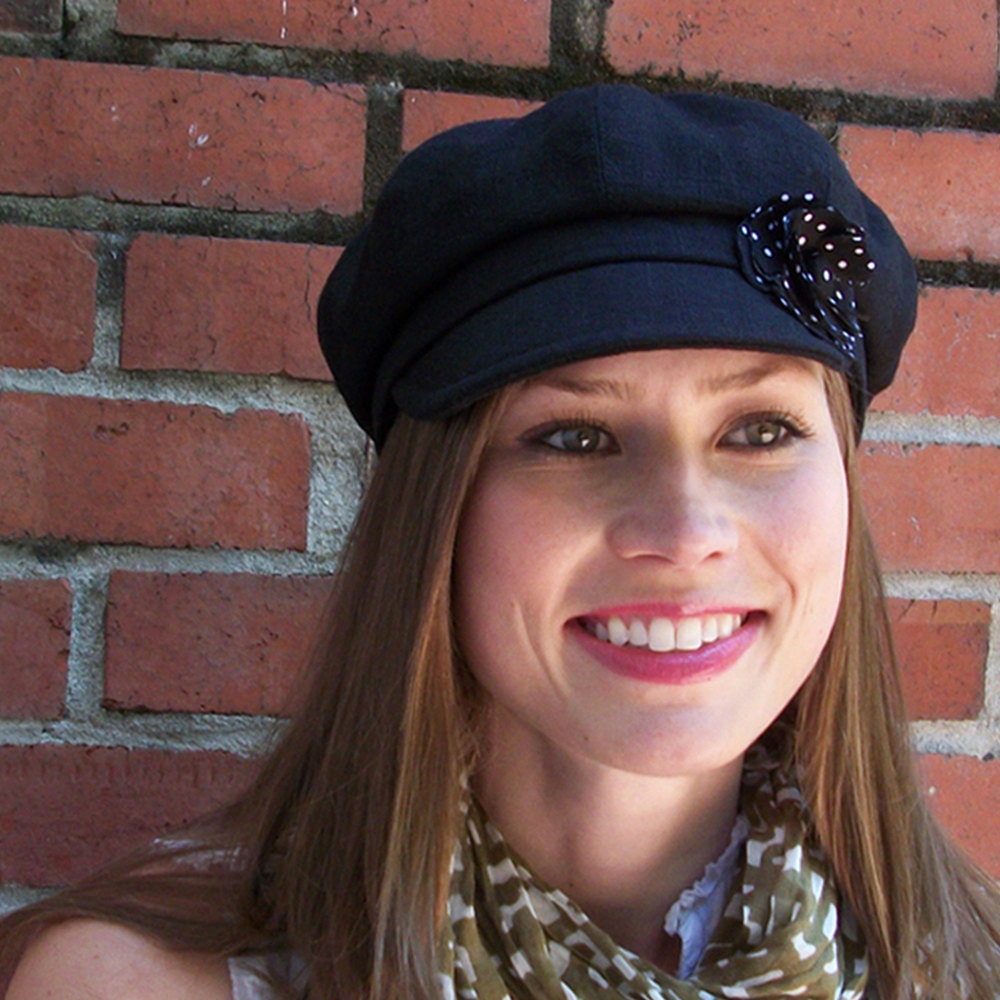 Womens Newsboy Hat, Womens Hat - Black Linen with polka dot flower - Betsey MADE TO ORDER In Your Size