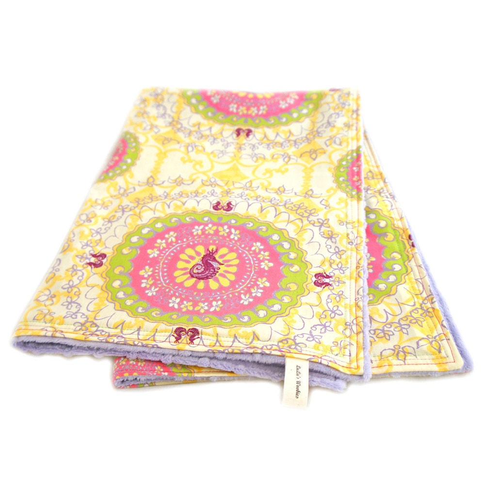 Lemon Pink Moroccan Seahorse True Crib Blanket with Lavender Minky Dot Chenille
