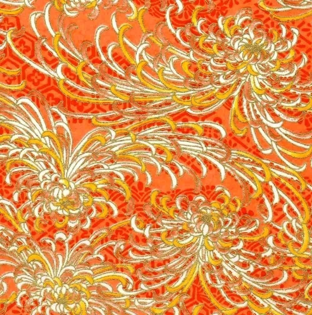 Chiyogami or yuzen paper - springy gold mums on peach sherbet, 9x12 inches