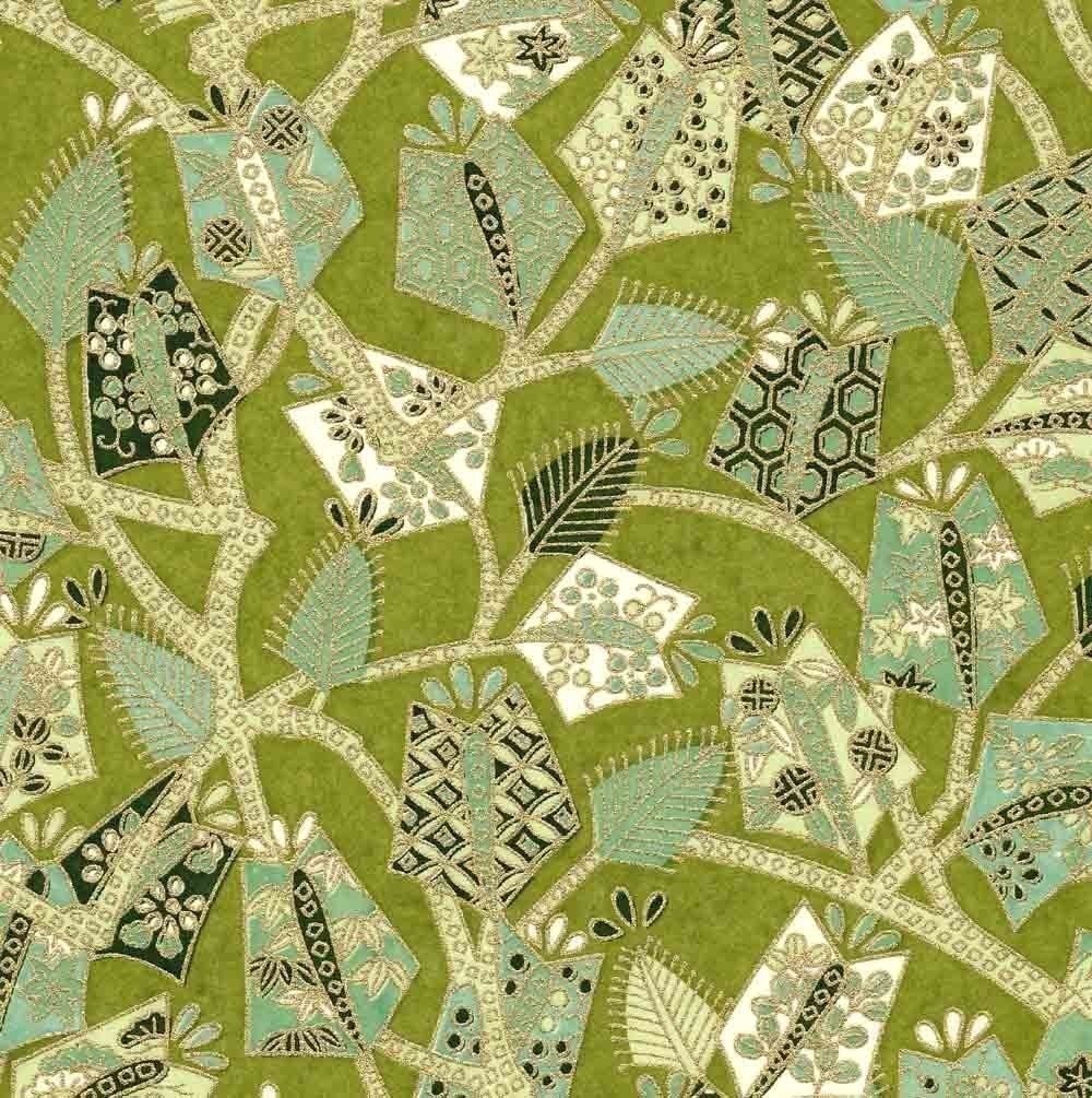 Chiyogami or yuzen paper - geometric leaves in moss green and gold, 9x12 inches