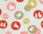 Chiyogami or yuzen paper - bunnies in ink spots, pink, red and celery green, 9x12 inches