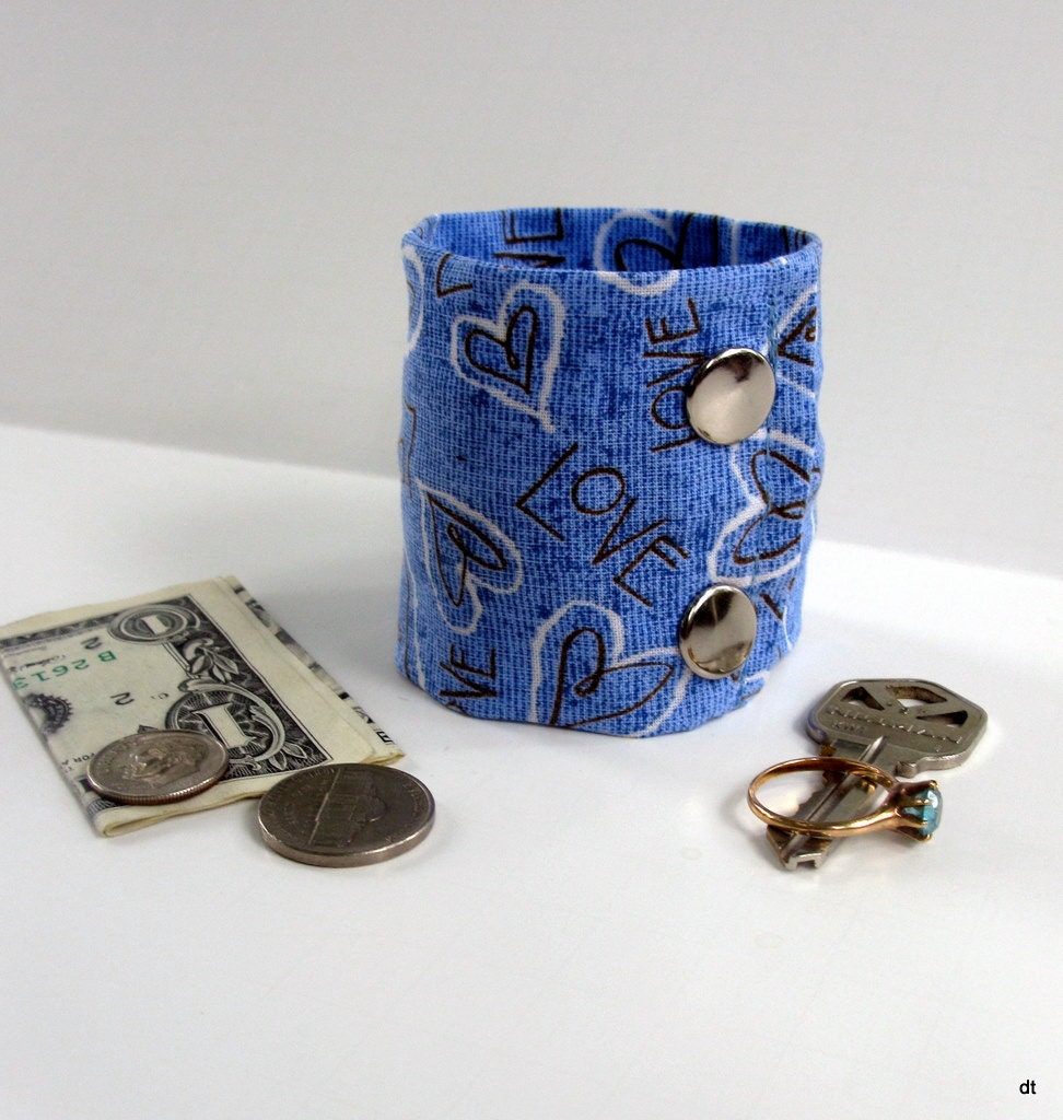 Wrist Wallet Cuff- Secret Stash"-"Love is Blue"- Hide Your Cash, jewels, keys  in a Secret inside zipper