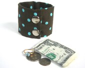 Secret Stash Money Cuff-  Brown/Blue Polka Dots -hide your cash jewels, key in a secret zipper