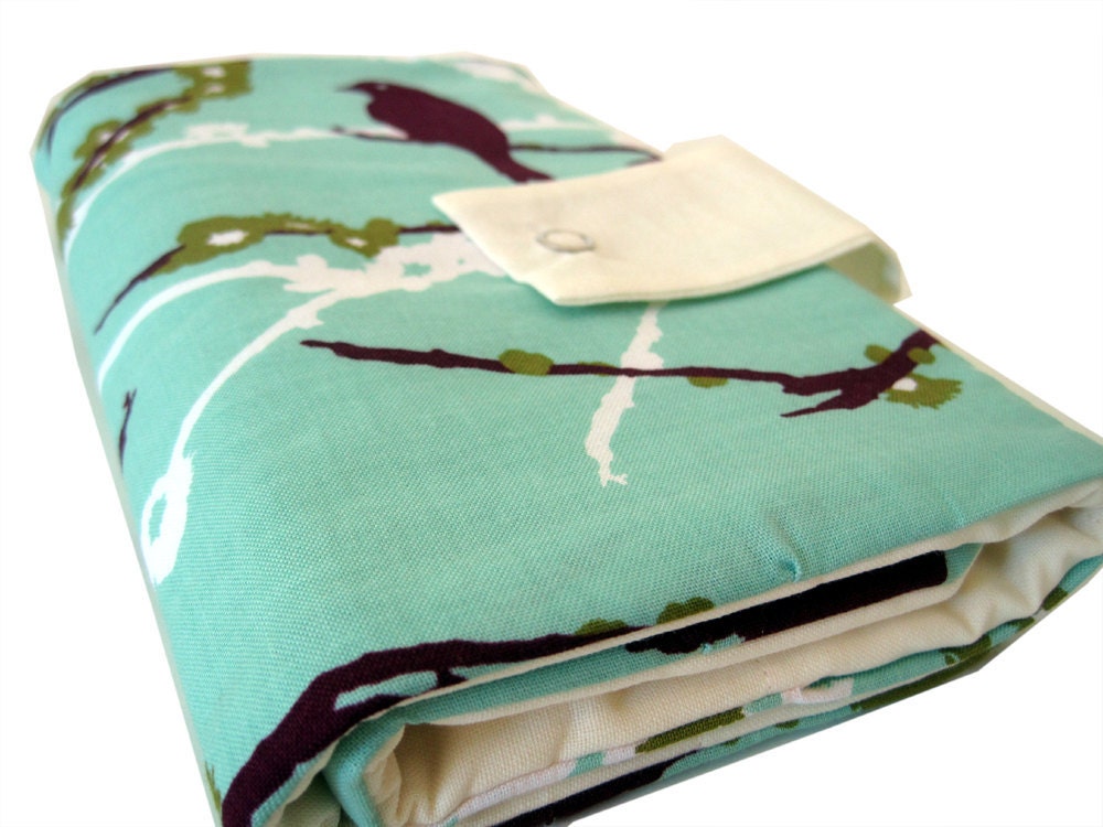 circular knitting needle organizer - aqua purple birds and branches