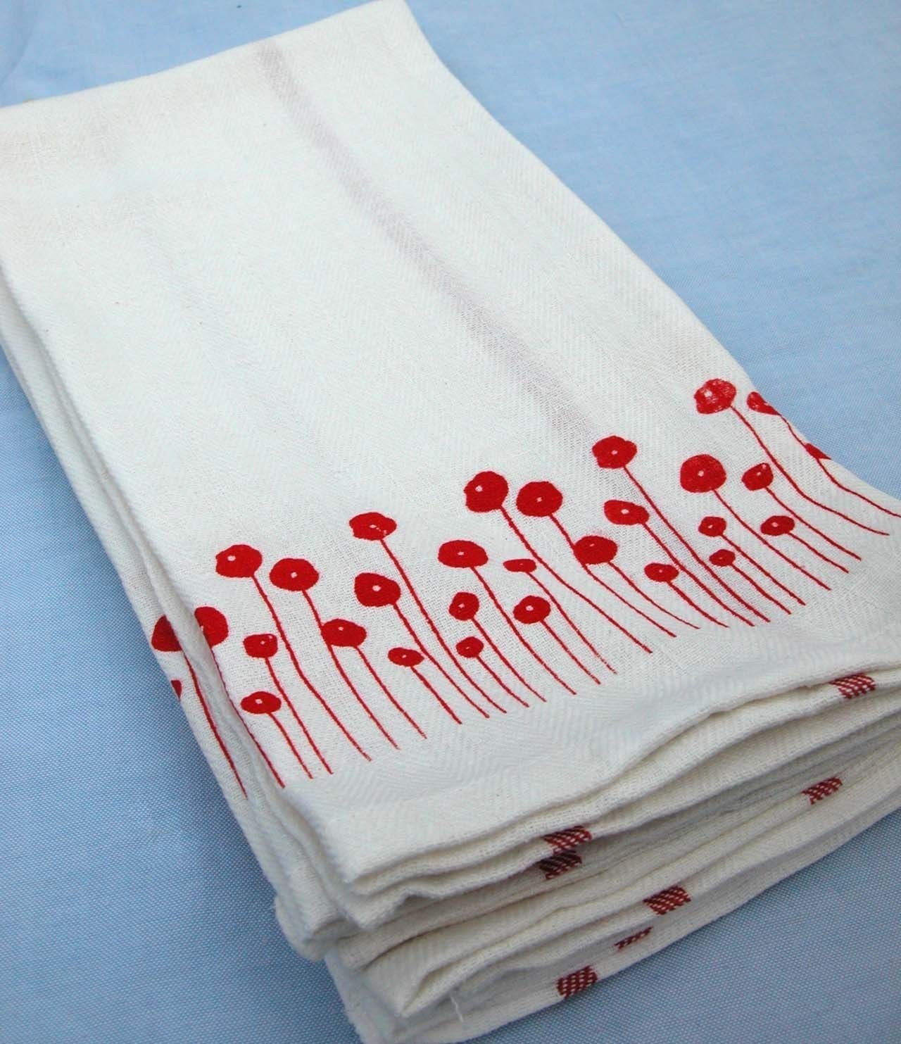 Set of Four Screen-printed Dish Towels with Red Poppies