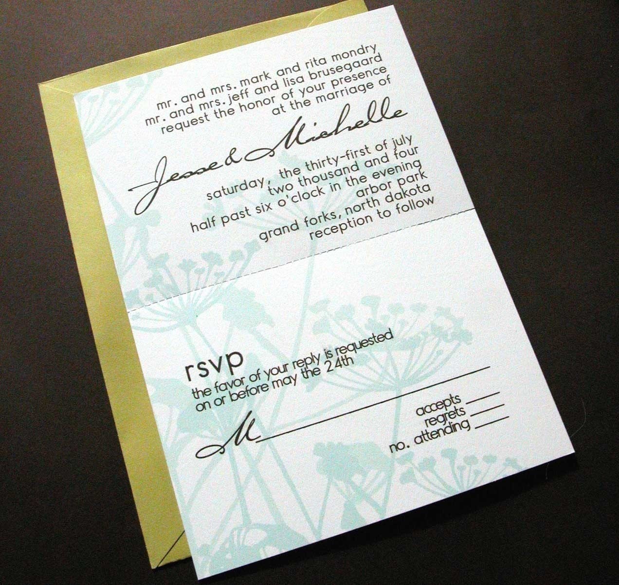 SAMPLE- Wedding Invitation-Invitation and RSVP in one in aqua with prairie weeds motif and chartreuse envelopes