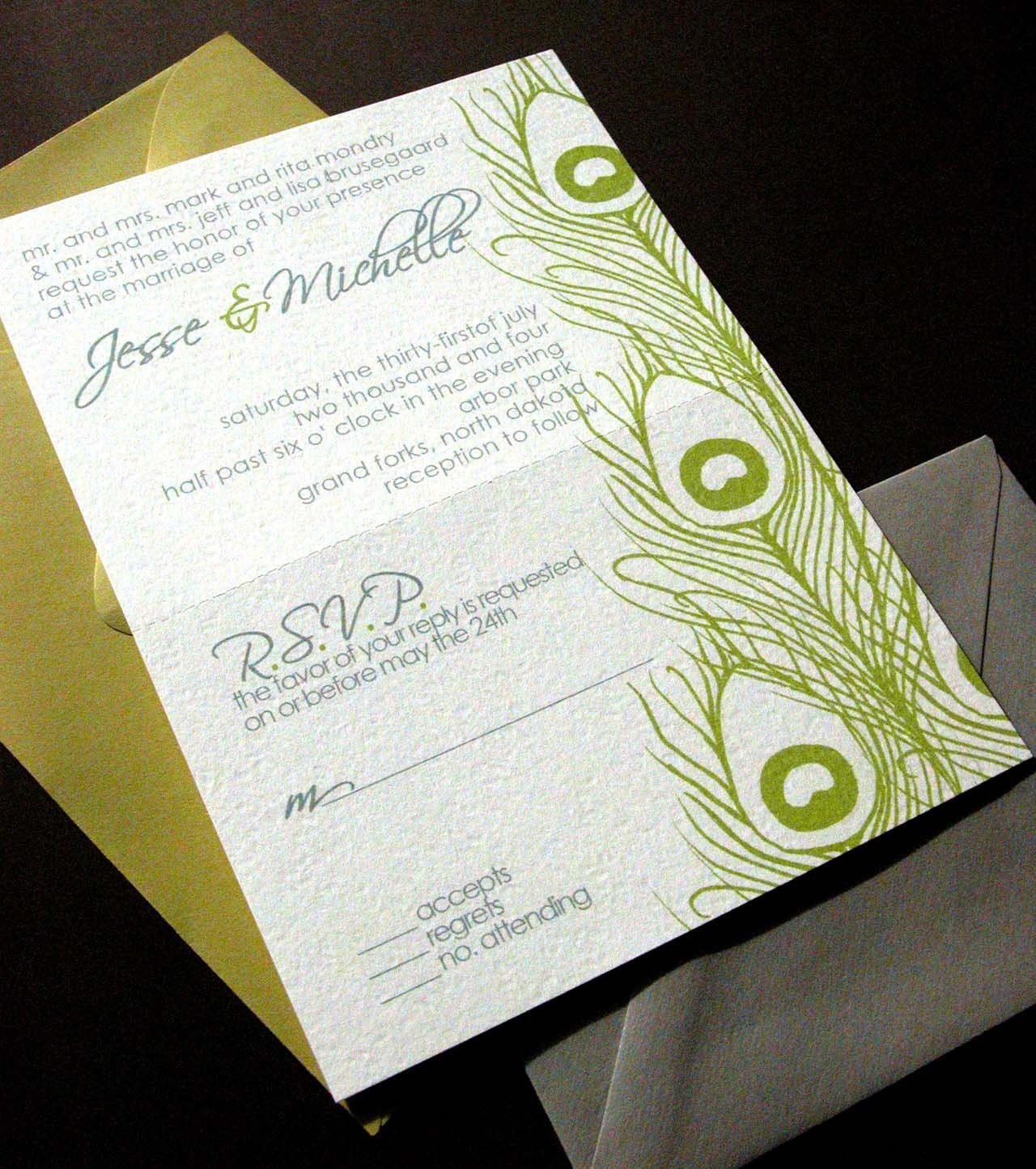 Wedding Invitations-Invitation and RSVP in one in chartreuse and gray with peacock feathers motif