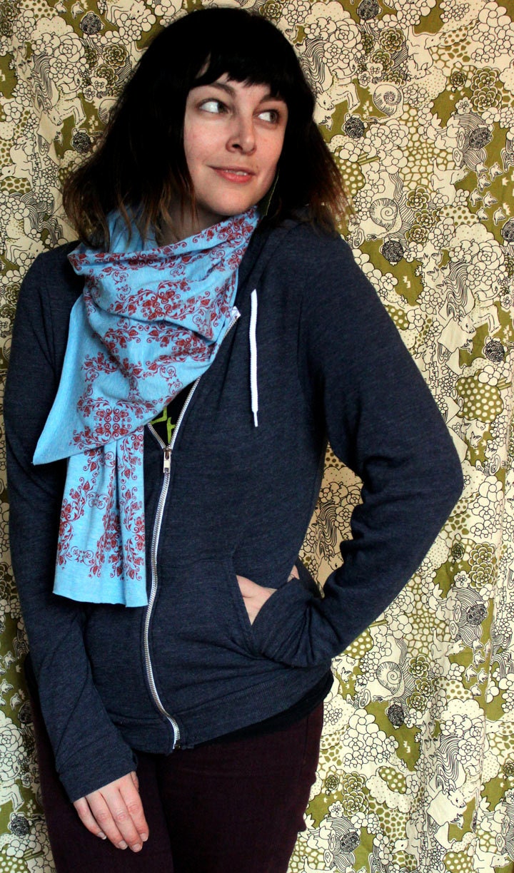 Screen Printed Jersey Scarf in Heather Light Blue with Red Wallpaper Motif