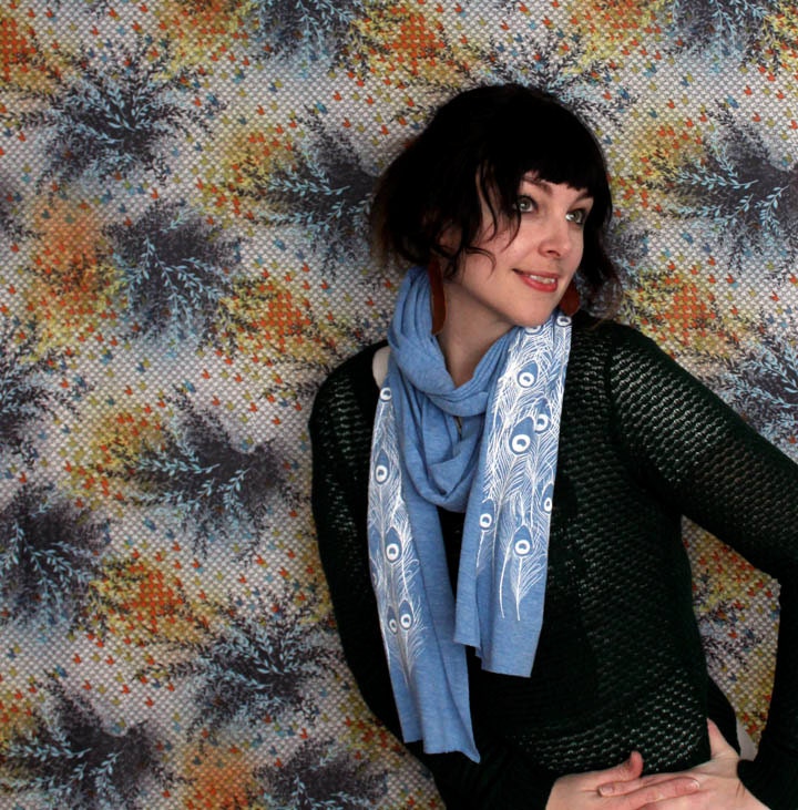Screen Printed Jersey Scarf in Heather Blue with White Peacock Feather Print