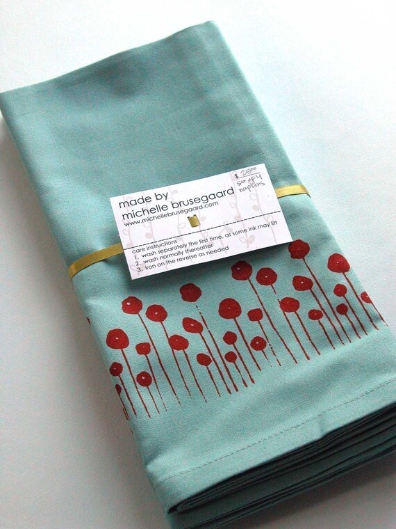 Dusty Aqua Cloth Napkins with Screen-printed Red Poppies print-set of 4