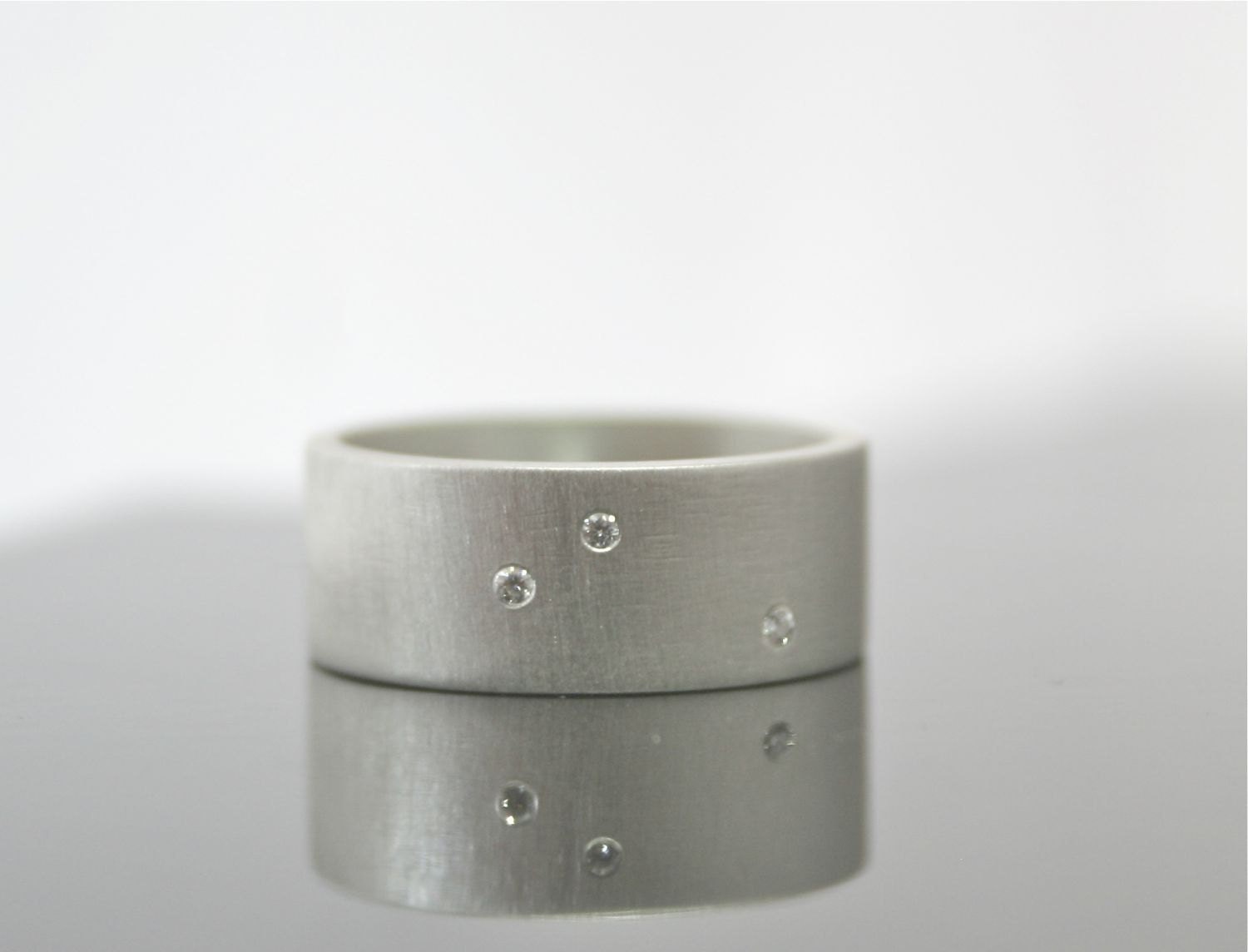 Three Stone Ring - Alternative Diamond Engagement Ring - Wide Band - Scattered Diamonds