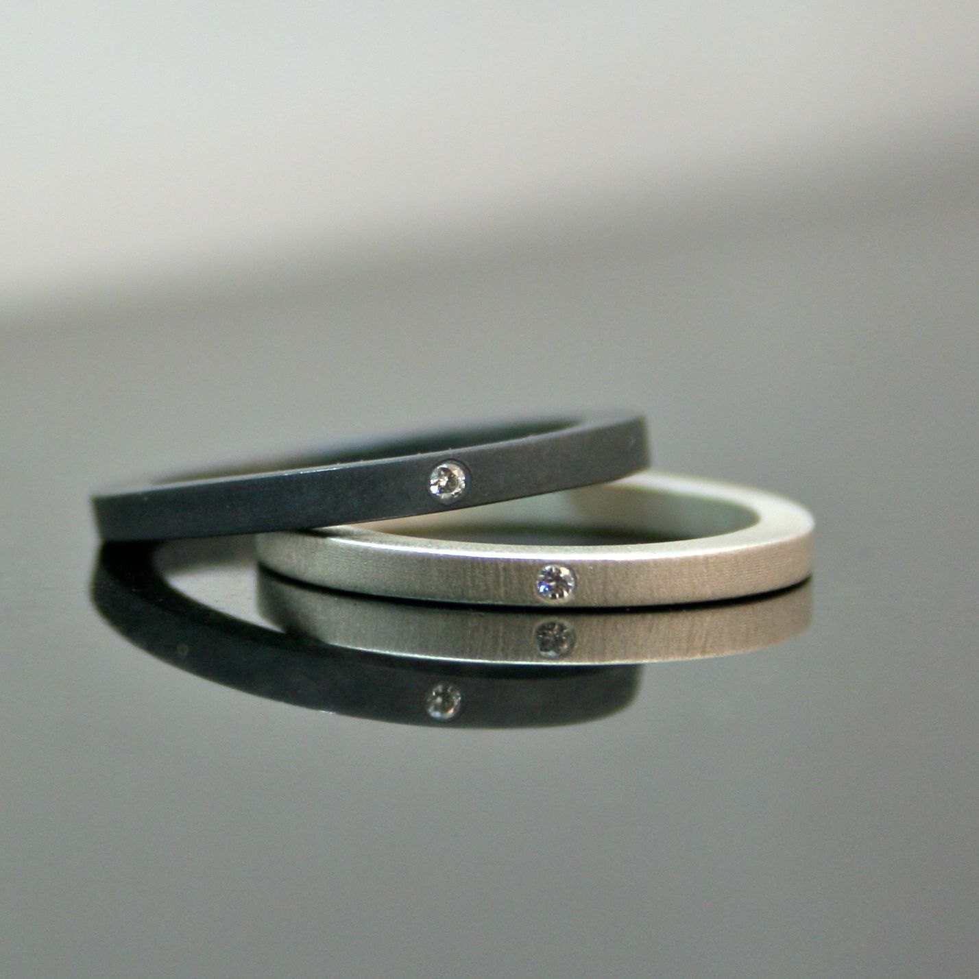 White Diamond Stacking Rings - Wedding Band Set - Matte and Oxidized Black - Engagement Rings - Pair of Two
