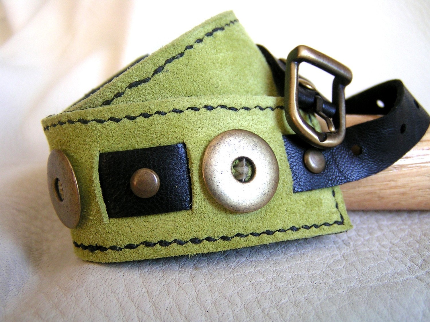 Lime green and black leather wrap cuff