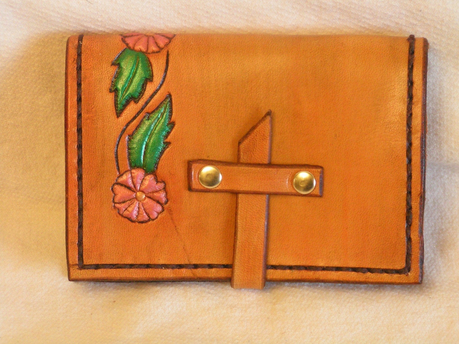 Floral tooled leather card case