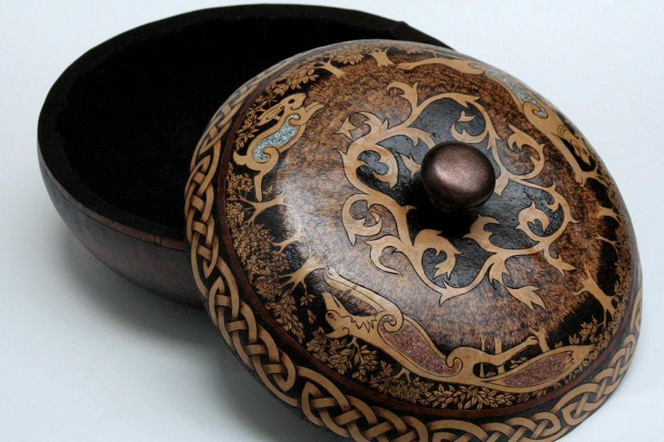 The Chase Hound Fox Rabbit Lidded Gourd Bowl Art Celtic Medieval