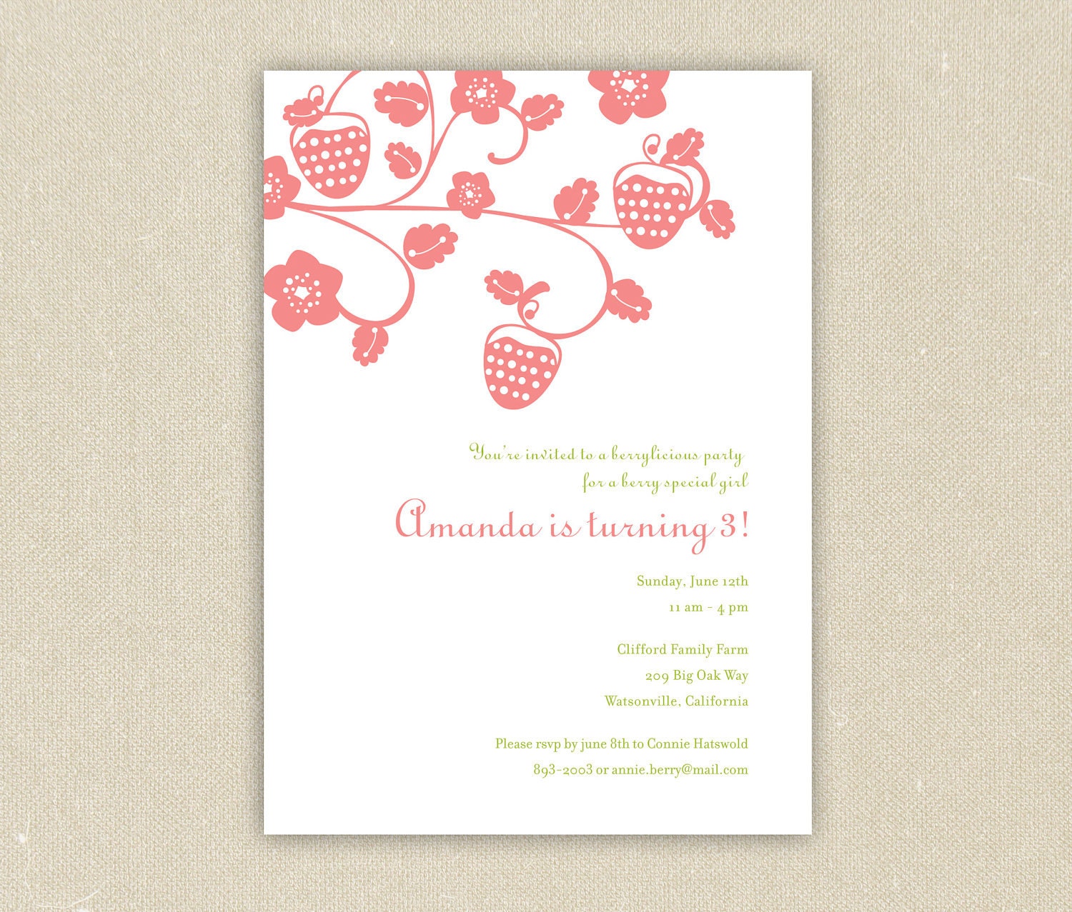 Birthday or Party Invitations: Sweet Strawberries in Red or Pink