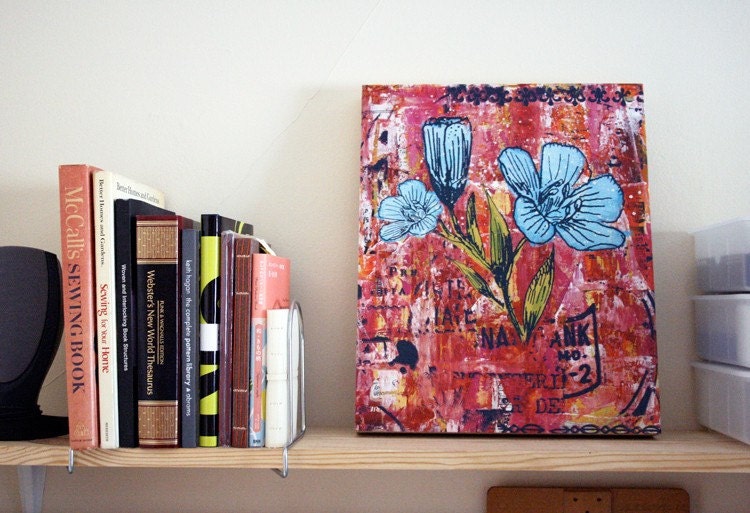 Sale 70% Off - Flower Art Print on Wood, Back Porch Bouquet Blue BOX PRINT reproduction