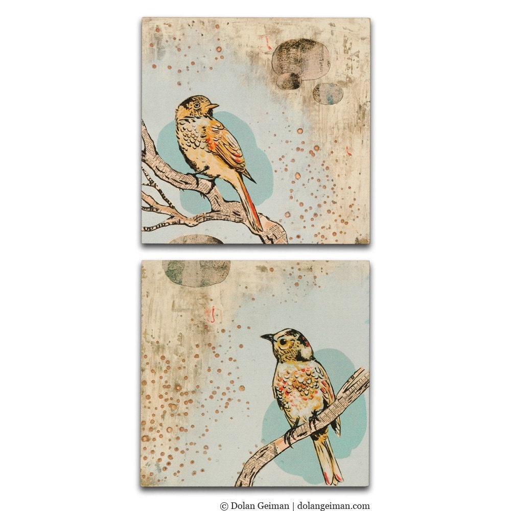 Bird Art Prints on Wood, Set of 2, Romantic Couples Gift, DG Mini April Evening I, II