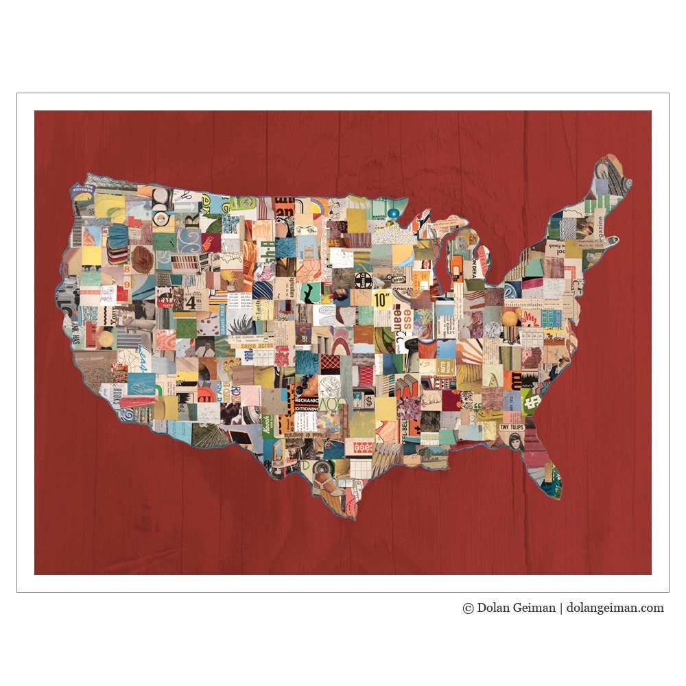 US Map Collage Art Print on Paper, Map (Red), 11x14 Print