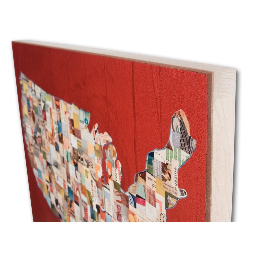 US Map Art Print on Wood, Map (Red) BOX PRINT reproduction