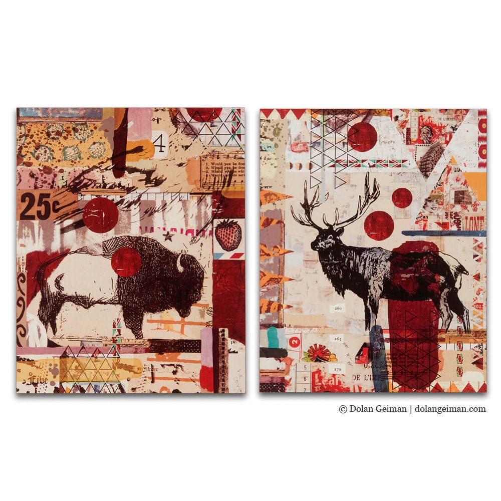 Southwest Art, Geometric Decor, Elk and Bison, Prints on Wood