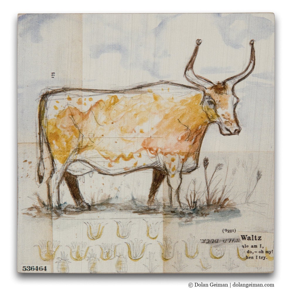 Texas Longhorn Art Print on Wood, French Countryside DG MINI, Drawing & Illustration, Country Kitchen Decor