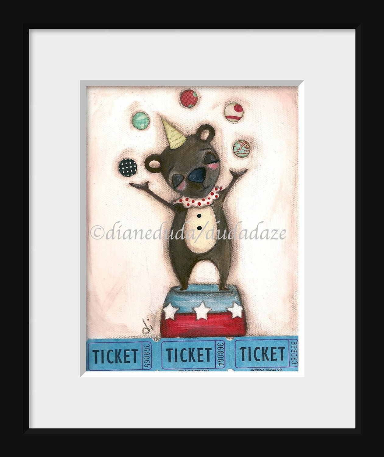 Print of my original folk art childrens circus painting - Juggling Act