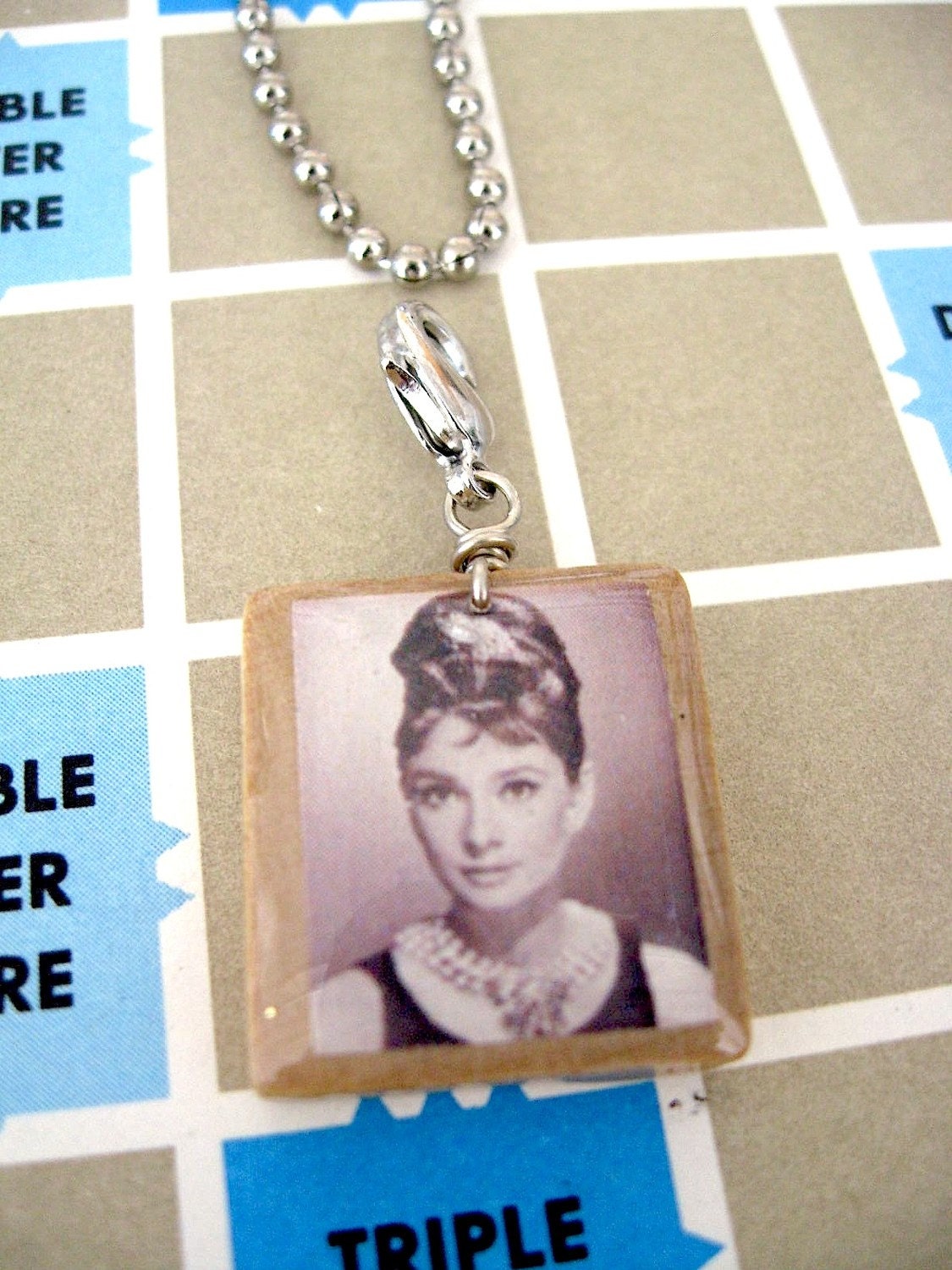 Audrey Hepburn Necklace - Vintage Scrabble Letter - Tile Zipper Pull - Charm Necklace
