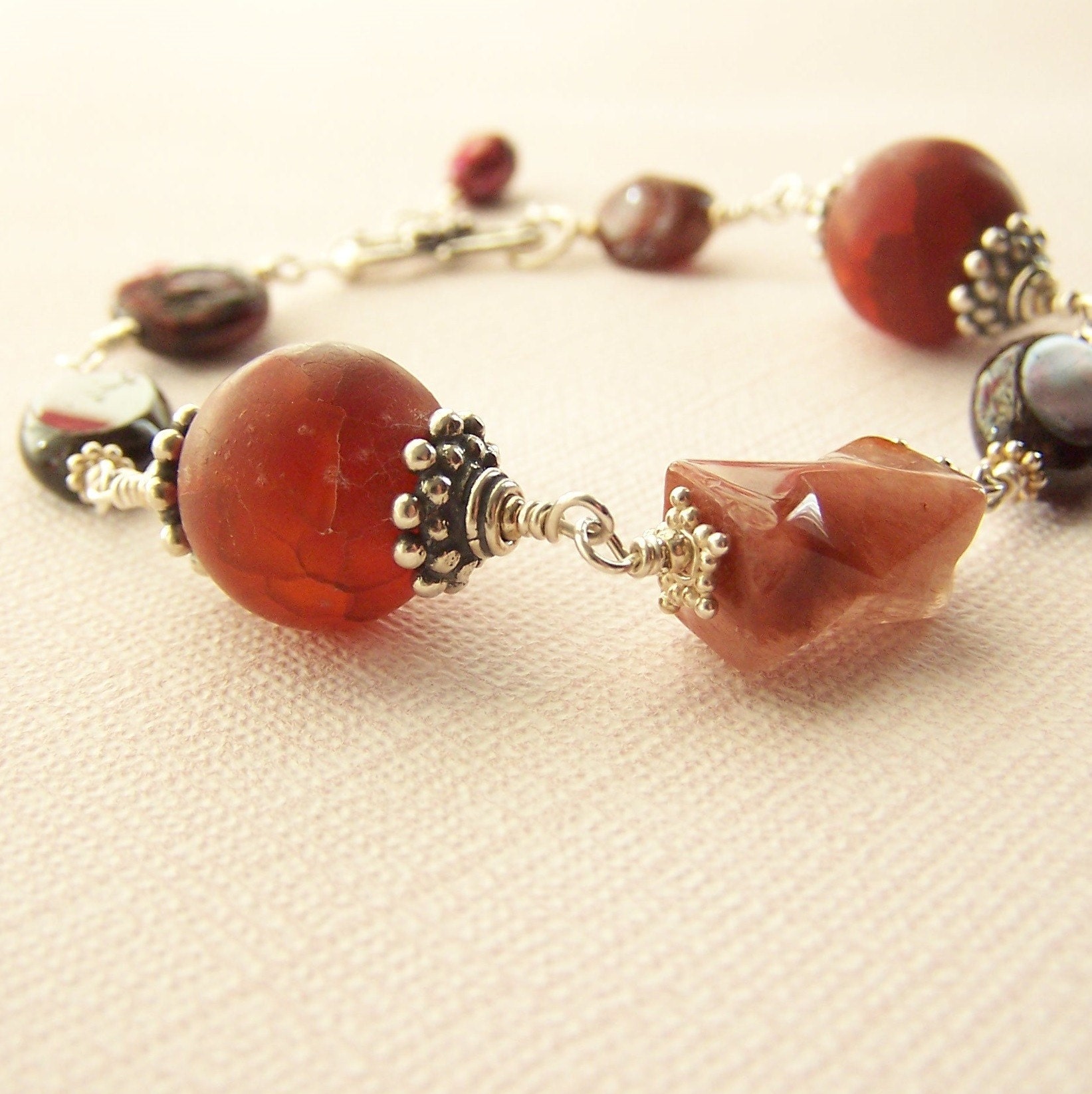 Red Gemstone Bracelet, Sterling Silver, Garnet, Agate