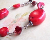 SALE Red Gemstone Bracelet, Coral, Pearl Sterling Silver, Swarovski Crystal