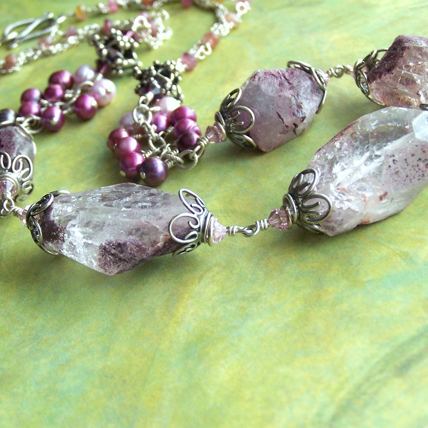 Pink Gemstone Necklace, Pink Quartz, Pink Tourmaline, Pearl, Sterling Silver, Sugar Plum