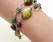 Green Gemstone Bracelet, Sterling Silver, Turquoise, Garnet, Swarovsi Crystal