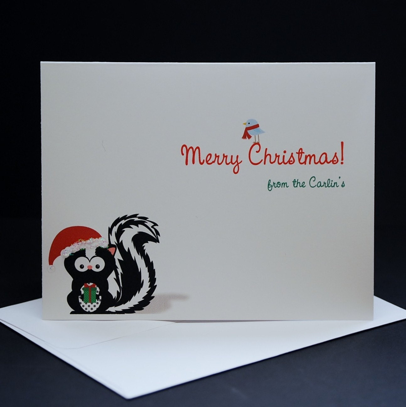 Christmas Skunk With Present, personalized holiday note cards, set of 6