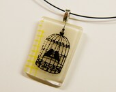 Birdcage Design Silkscreened Glass Necklace with yellow graph