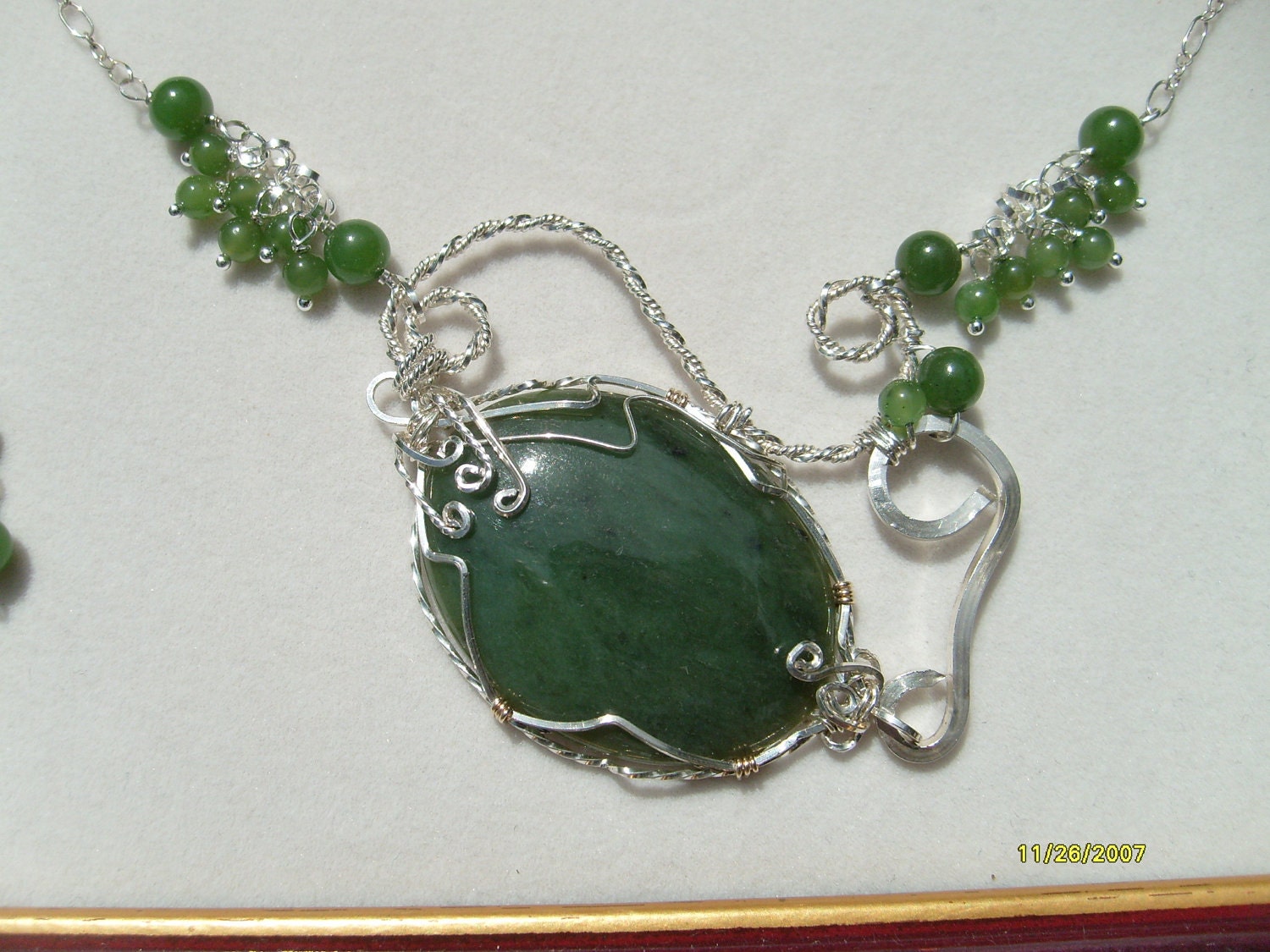 Wire Wrapped Jade Cabochon in Sterling and Earrings