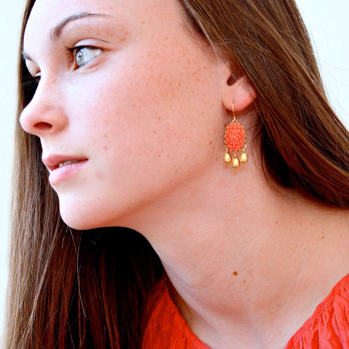 Coral Rose Chandelier Earrings