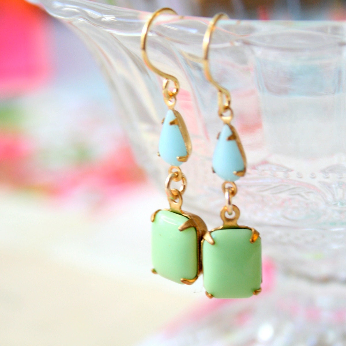 Retro Powder Blue and Mint Dangle Earrings