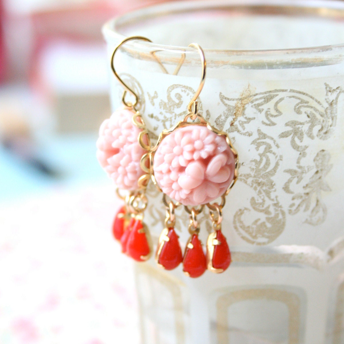 Pink and Red Chandelier Earrings