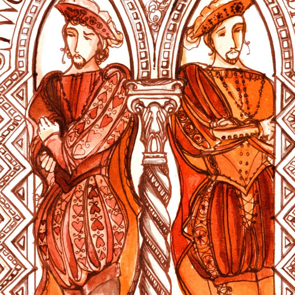 Two Gentlement Print - Verona Italy red Shakespeare Illustration - Medium art print