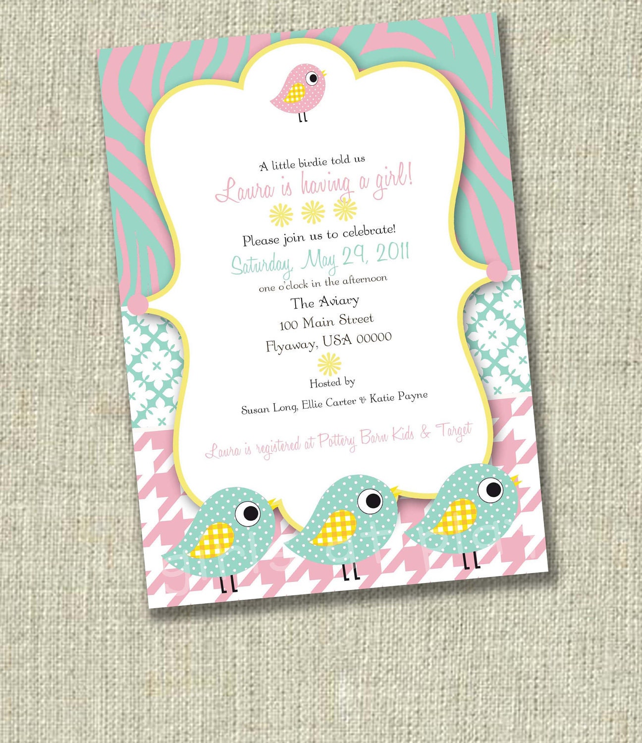 Baby GIRL Shower Invitation Bird PINK AQUA animal print - Print By You girls at play Il_170x135