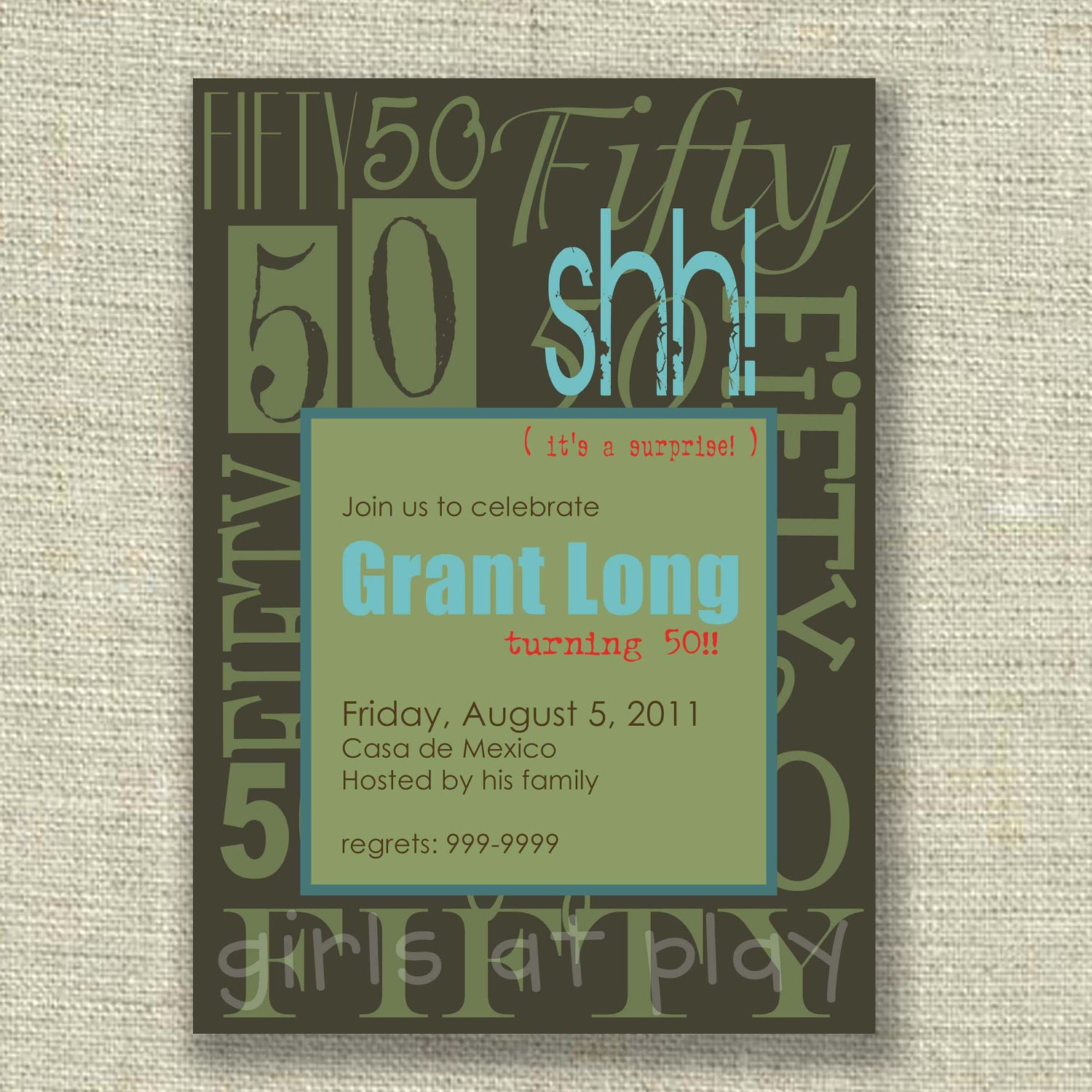 50th Birthday Graphic Invitation SURPRISE Adult Printable by you - girls at play Il_170x135
