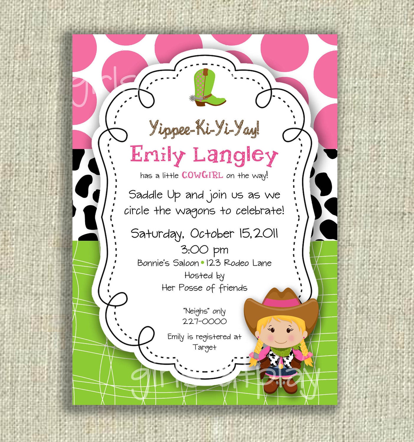 Baby Girl Shower Cowgirl Cowboy Invitation Birthday Western Rodeo cow print - Printable - by girls at play girlsatplay Il_170x135