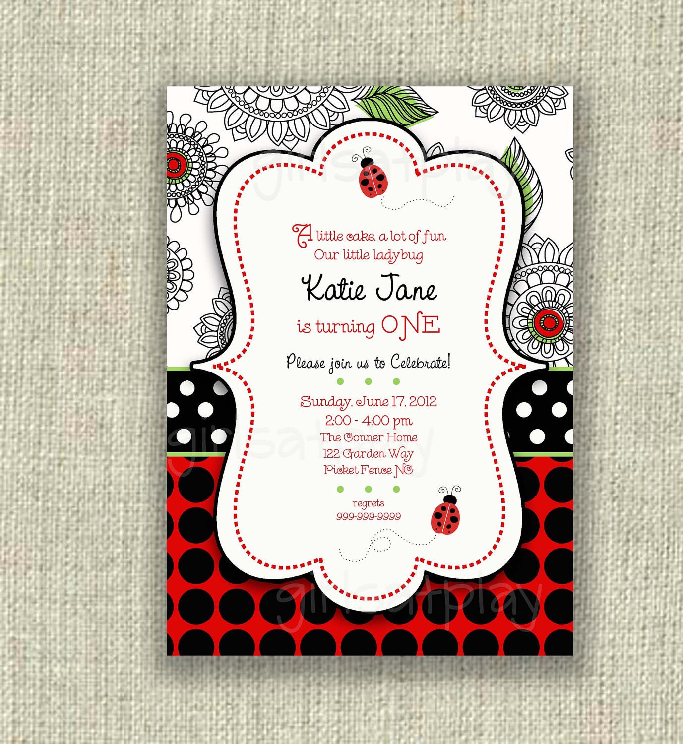 1st First Birthday Girl Invitation Lady Bug Polka Dot Black White Red DIGITAL by girlsatplay girls at play Il_170x135