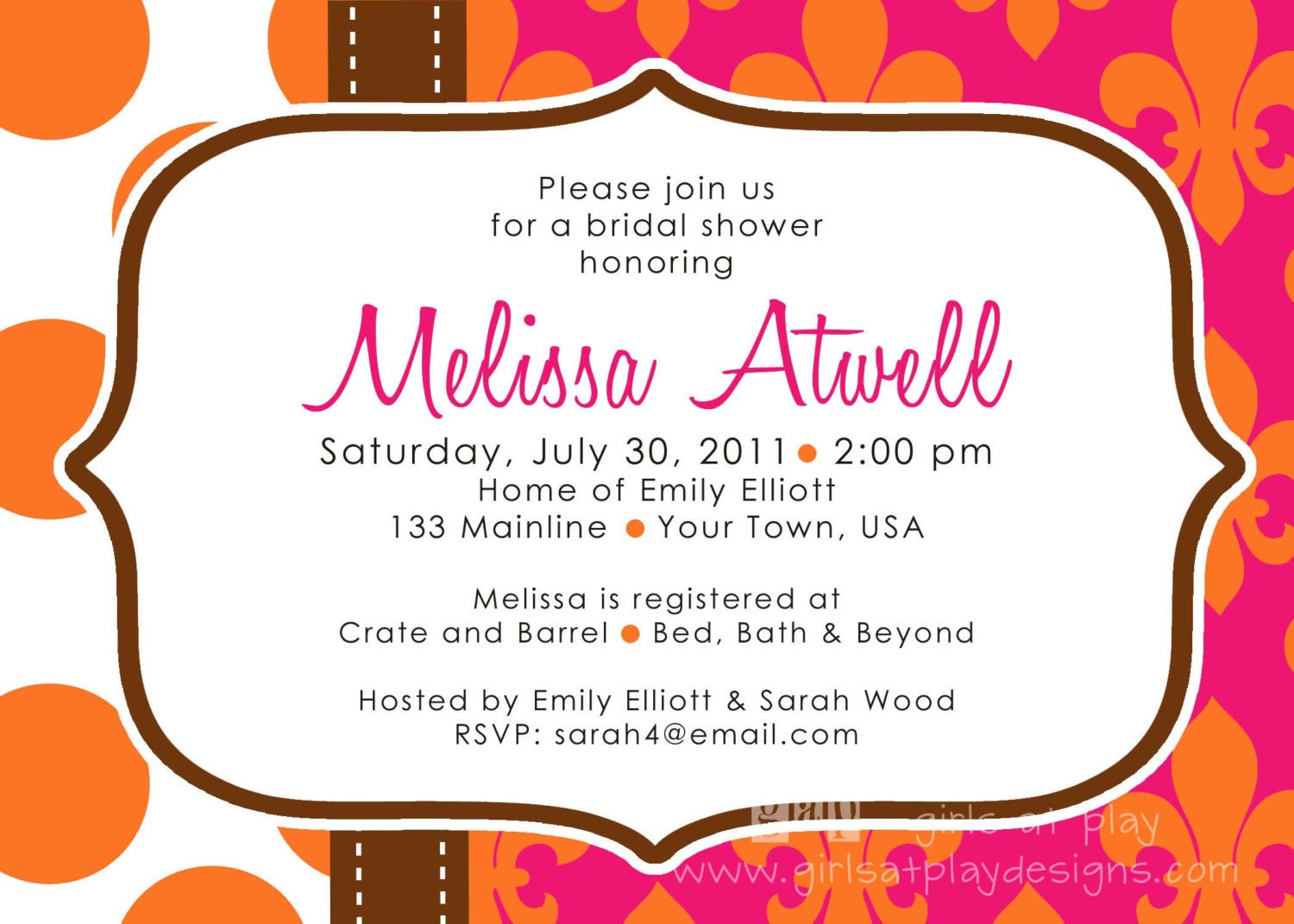 MODERN Bridal Shower Invitation Fleur de Lis Dots Pink Orange Brown PRINT By You Il_570xn