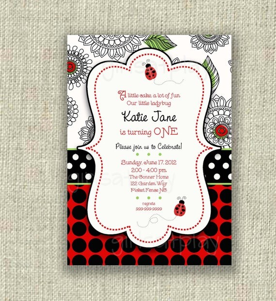 1st First Birthday Girl Invitation Lady Bug Polka Dot Black White Red DIGITAL by girlsatplay girls at play Il_570xn
