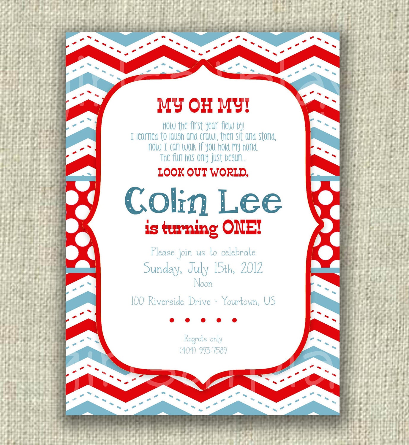 Modern 1st First Birthday Boy Invitation Blue Red Chevron Dots - Print By You - by girls at play girlsatplay Il_570xn