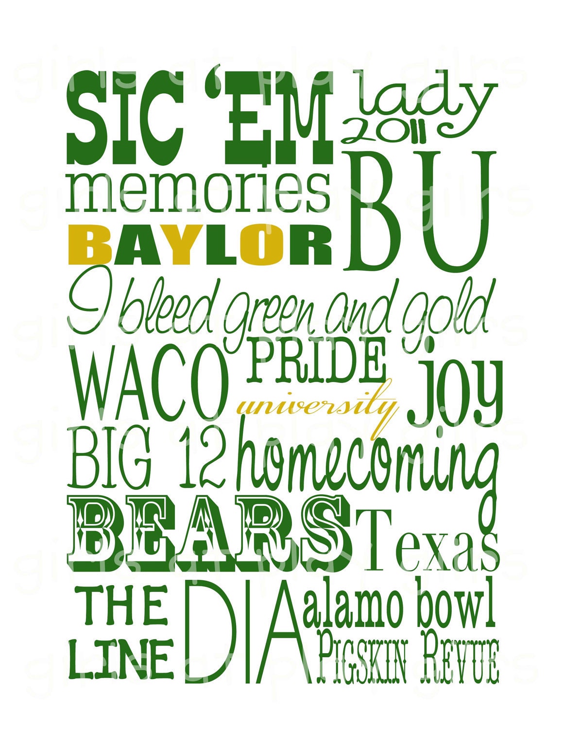 Baylor Bears Subway Print Poster Digital Green Gold Printable - by girlsatplay girls at play